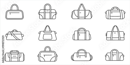 Collection of twelve outline icons of various duffel bags and travel bags luggage