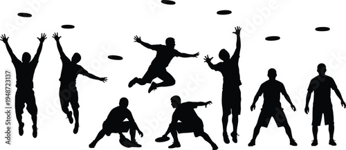 Silhouette illustration of people playing Frisbee in dynamic poses with discs in motion symbolizing recreation, fitness, and outdoor sports for athletic and lifestyle design projects