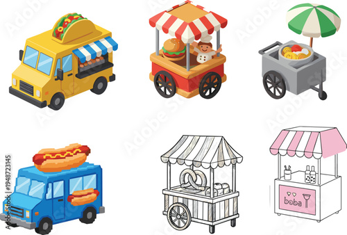 Street food cart and food truck illustration set fast food vendor kiosk market stall vector collection design