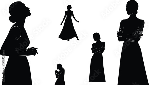 Elegant woman silhouette set female fashion pose standing praying and thoughtful lady figure vector illustration isolated collection