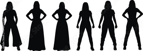 Woman standing silhouette set confident female poses fashion casual and dress styles human figure vector illustration collection