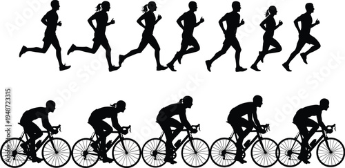 Silhouette illustration of people running and cycling in sequential motion poses symbolizing fitness, athletics, and dynamic body movement for sports, lifestyle, and design projects
