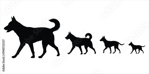 Black silhouettes of five dogs of varying sizes walking from left to right canine animal