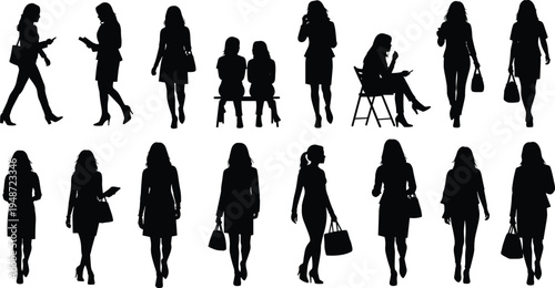 Business woman silhouette set walking sitting working and shopping female professional poses people vector illustration collection