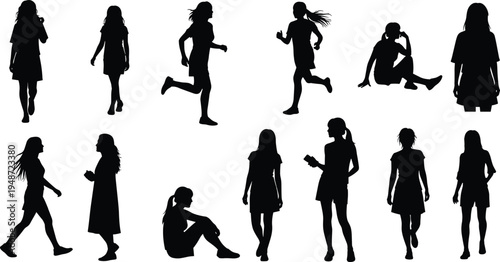 Woman silhouette collection walking running sitting and standing female people poses lifestyle vector illustration isolated character set