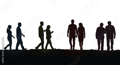 Modern silhouette illustration showing stages of human relationships from strangers walking, conversation, romantic couple, elderly companionship on abstract landscape background