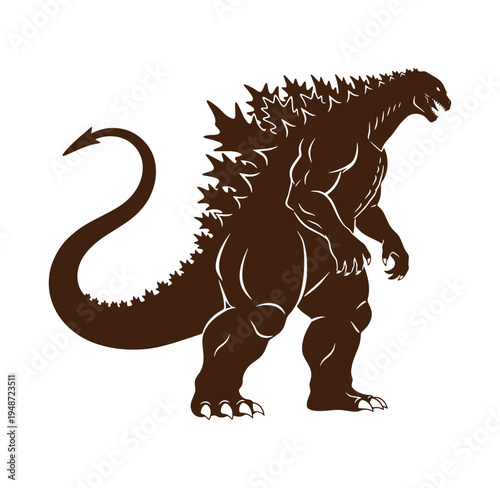 Brown Godzilla monster standing on two legs with tail and spikes on back profile view