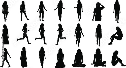 Collection of woman silhouette poses walking, running, standing and sitting female figures isolated set for lifestyle, fitness and activity illustration