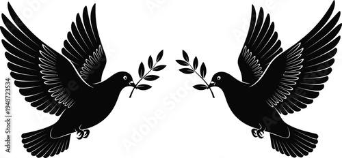 Silhouette illustration of two doves holding olive branches symbolizing peace, harmony, reconciliation, and goodwill for cultural, religious, and social design projects