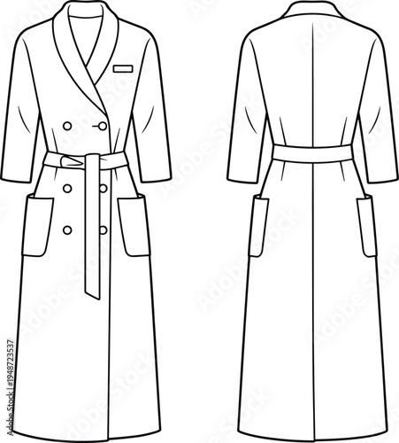 Women trench coat technical fashion flat sketch with double breasted buttons, belt and patch pockets, front and back view