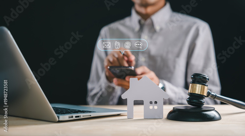 Photos Foreclosure house, property law, bankruptcy concept, person uses smartphone with