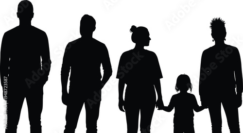 Family silhouette illustration showing parents and child standing together, diverse people figures representing community, parenting, togetherness and lifestyle concept