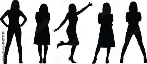 Woman silhouette pose collection showing standing, dancing, confident female figures isolated set for lifestyle, fashion and body language illustration