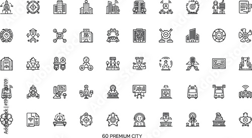 Premium City Infrastructure Line Icons Set – Smart City, Urban Technology, Transport, Buildings and Industry Outline Vector Collection