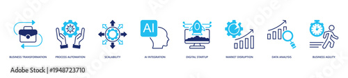 Business Transformation Icon Set. Icon set includes Business Transformation, Process Automation, Scalability, Ai Integration, Digital Startup, Market Disruption, Data Analysis, Business Agility.