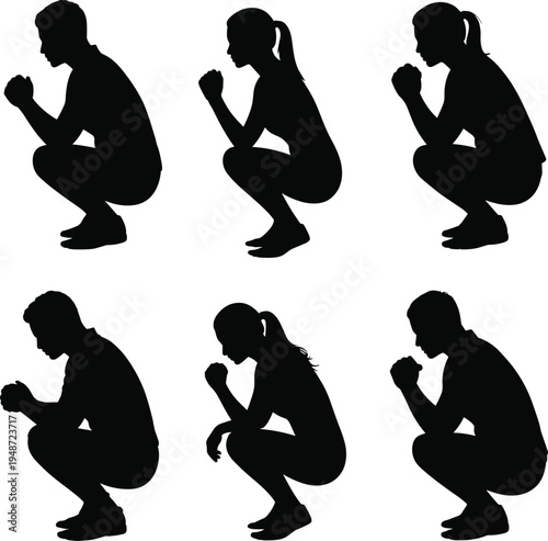 People praying silhouette set with man and woman kneeling in prayer gesture representing faith, spirituality, meditation and worship concept
