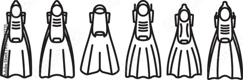 Illustration of six different types of swim fins for various water activities. Vector