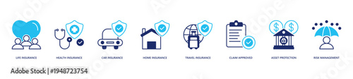 Insurance Icon Set. Icon set includes Life Insurance, Health Insurance, Car Insurance, Home Insurance, Travel Insurance, Claim Approved, Asset Protection, Risk Management.