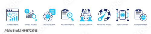 Online Business Management Icon Set. Icon set includes Online Dashboard, Business Analytics, Task Management, Project Monitoring, Team Collaboration, Performance Tracking, Digital Workflow.