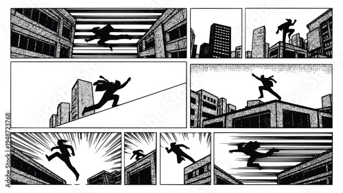 Man in a city running across rooftops in a comic book style