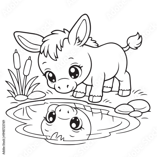 Adorable vector of a little donkey gazing at its reflection in a water puddle, clean outlines and simple shapes, perfect for children coloring activity.