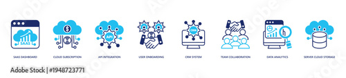 SaaS Startup System Icon Set. Icon set includes Saas Dashboard, Cloud Subscription, Api Integration, User Onboarding, Crm System, Data Analytics, Server Cloud Storage.