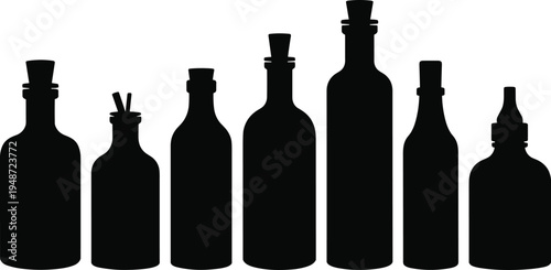 Bottle silhouette collection with various glass container shapes isolated for beverage, cosmetic, medicine packaging and product design illustration