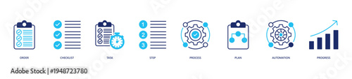 Workflow Icon Set. Icon set includes Order, Checklist, Task, Step, Process, Plan, Automation, Progress.