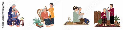 Illustration of Southeast Asian women in traditional kebaya attire, engaging in intergenerational hair grooming rituals and family bonding across four distinct scenes.