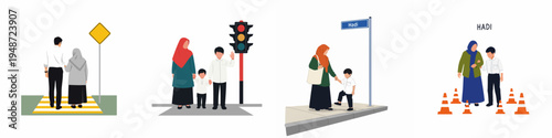 Illustrations showing road safety education and helping others cross the street featuring Muslim families, children, and elderly people in a city environment.