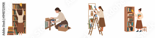 Set of vector illustrations showing a woman organizing, cleaning, and dusting bookshelves in various poses for home maintenance and decluttering.
