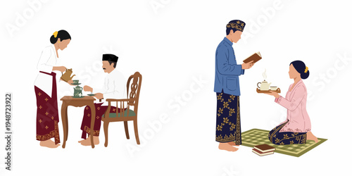 Illustration of Indonesian couples in traditional Javanese attire, portraying cultural heritage and domestic scenes of serving tea and reading.