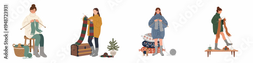 Collection of hand-drawn illustrations featuring young women knitting cozy winter scarves and sweaters, portraying a relaxing and creative indoor hobby.