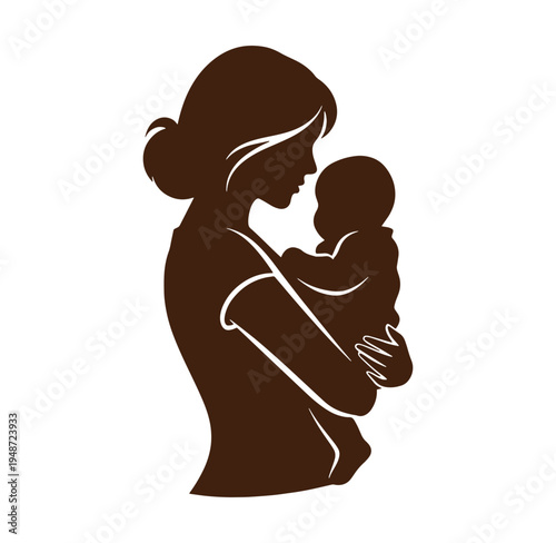 Brown silhouette of a woman holding a baby in her arms  mother and child illustration