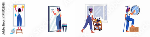 Flat vector illustration set of a professional cleaning lady in denim overalls washing windows and mirrors with various tools and equipment.