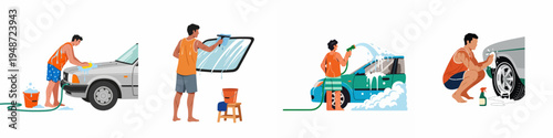 Collection of flat illustrations showing a man washing a car using a sponge, hose, water, soap, and a squeegee.