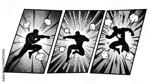 Black and white comic strip illustrations depicting dynamic superhero action scenes with explosive effects and motion