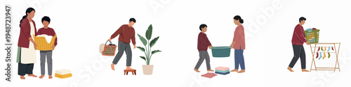 Flat vector illustration of family members performing laundry activities including carrying baskets, folding clothes, and hanging socks on a rack.