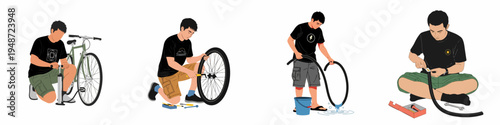 Sequential flat vector illustration of a young man repairing a bicycle tire puncture, including pumping, removal, leak detection, and patching the inner tube.