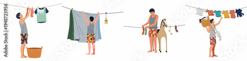 Flat vector illustration set of a man hanging laundry, including clothes, large sheets, and socks on an outdoor clothesline.