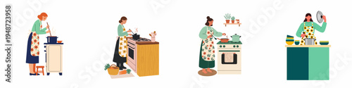 Set of diverse women in floral aprons cooking delicious healthy meals in various cozy kitchen settings, flat vector illustration.