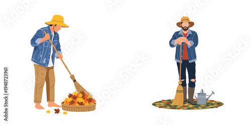 Vector illustrations of men in denim jackets and straw hats sweeping and gathering autumn leaves during seasonal garden cleanup.
