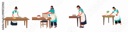 Flat vector illustration set of female housekeepers and maids cleaning, wiping, and sanitizing various wooden tables and furniture in aprons and uniforms.