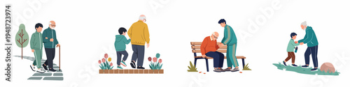 Illustrations of a young grandson helping and supporting his elderly grandfather in various outdoor activities, emphasizing intergenerational care and family bonding.