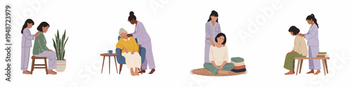 Set of illustrations depicting girls and women giving shoulder massages to family members, focusing on wellness, care, and domestic relaxation.