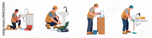 Set of professional plumbers in uniform repairing sinks and fixing water leaks with various tools in flat vector illustration style on white background.