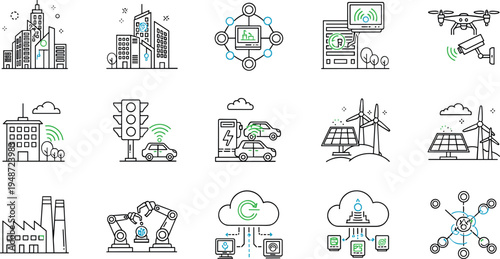 Smart City Technology Line Icon Set With Energy Network Security Transportation Industry And Urban Infrastructure Concepts