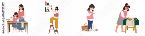 Flat illustration set featuring a mother and daughter engaging in various sewing, tailoring, and craft-related activities together at home.