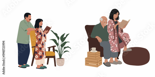 Flat vector illustration depicting scenes of intergenerational bonding as an elderly father and adult daughter read books together at home.