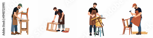 Flat vector illustration set of skilled male carpenters in aprons working on wooden chair restoration and furniture making in a workshop.